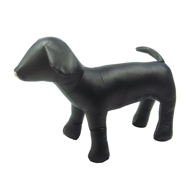 1PC Dog Mannequin Standing Pose Model for shop display apparel clothing, made of high-quality black PU leather. The mannequin is designed in a standing pose with a smooth texture, suitable for showcasing dog clothing, collars, hats, and other pet accessories. It features a flexible structure that can be adjusted into sitting or lying postures. Ideal for pet shops or home use to display dog coats, jackets, sweaters, and vests.