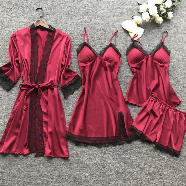 LSLJS Lingerie Femmes Robe en Soie et Dentelle Robe de Nuit Tenue de Sommeil Nuisette Ensemble de Pyjama, Peignoirs Cadeaux pour Femmes