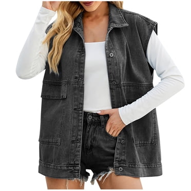 Lightweight Jacket Women Fashion Women Casual Pockets Button Solid Sleeveless Tops Jacket Denim Coat