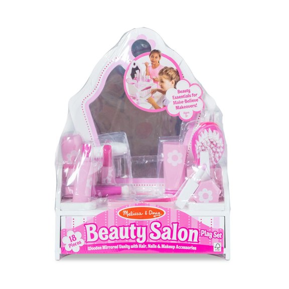 Melissa & Doug Ensemble de jeu de salon de beauté en bois avec vanité et accessoires (18 pièces) - Certifié FSC
