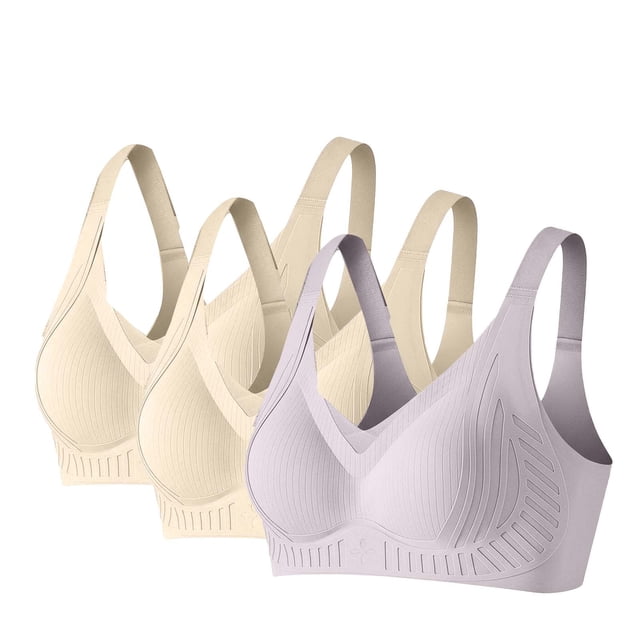 Amzcrzy 3PC Womens Bras Comfortable Supportive Lift Push up Bra Trendy Solid Color Ribbed Seamless T Shirt Bra 2XL