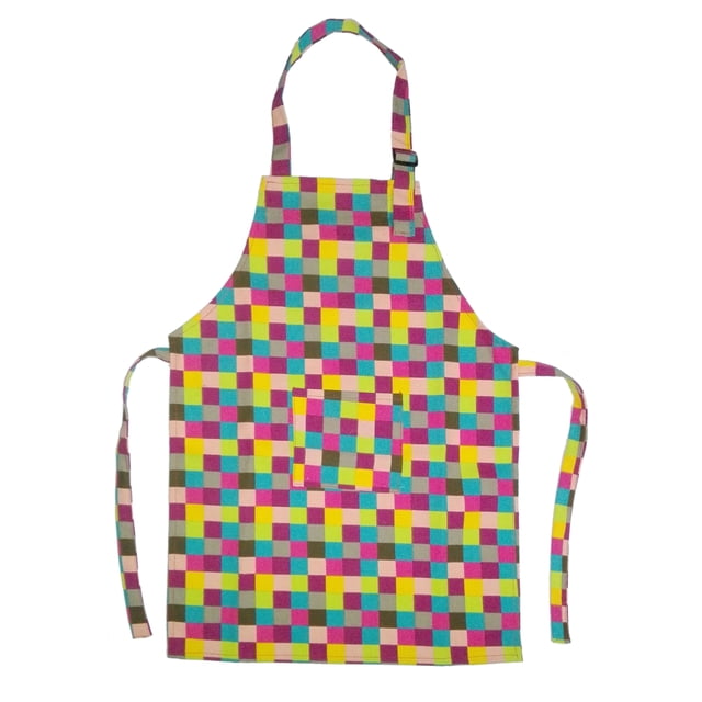 TOPTIE Colorful Cotton Canvas Kid's Aprons with Pocket, Artist Apron & Chef Apron (Grid, 22"L x 15"W)