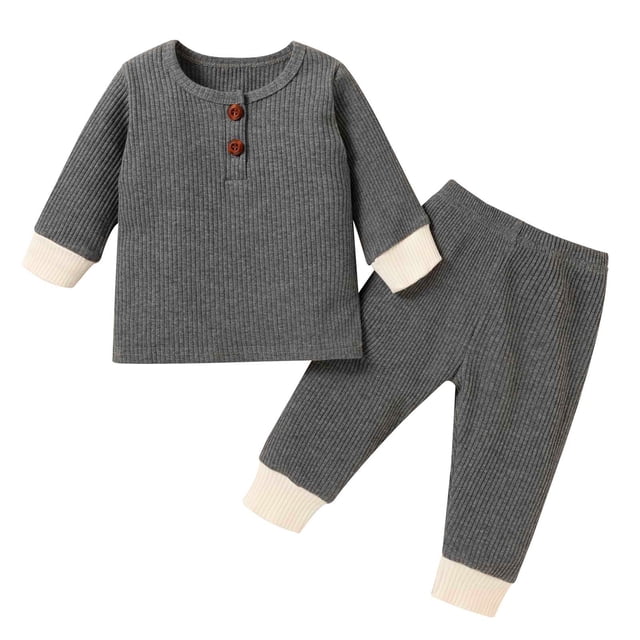 IROINID Discount Baby Boy Girl Pants Newborn Solid Color Long Sleeve Suit Trousers French Rib Suit in gray. This baby outfit set includes a ribbed long-sleeve top with button accents and matching trousers, both featuring soft fabric and cuffed hems for comfort. Ideal for casual wear, parties, or photoshoots for babies aged 0-24 months.