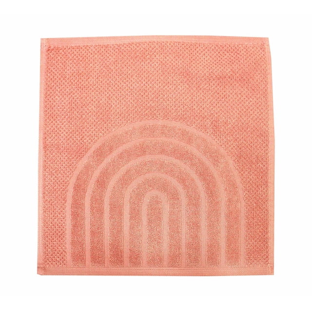 Hometrends Fashion washcloth in coral color, 13 by 13 inches, made of yarn dyed jacquard cotton with a textured rainbow arch pattern, machine washable with a soft hand feel, ideal for bathroom or kitchen use and suitable as a gentle cleaning cloth.