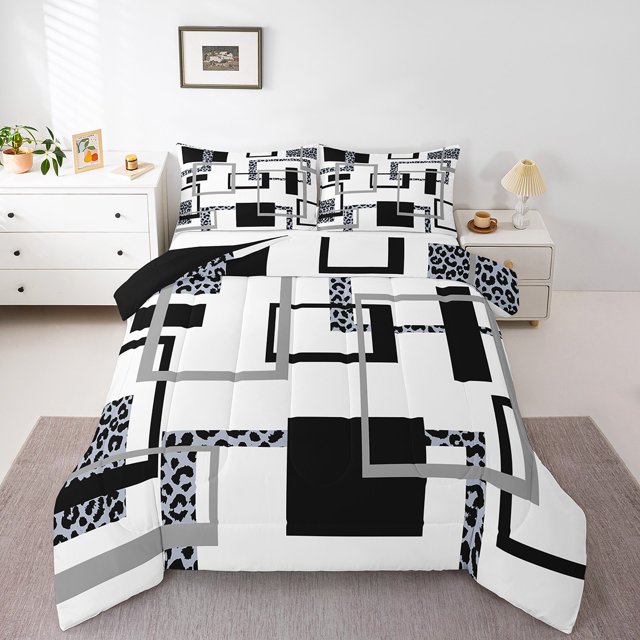 YST Ensemble de Literie à Rayures Bleues, Ensemble de Couette à Imprimé Léopard Format Simple, Ensembles de Couette Noir Gris, Courtepointe Réversible à Lignes Minimalistes et Carrés avec 1 Taie d'Oreiller Déco de Chambre