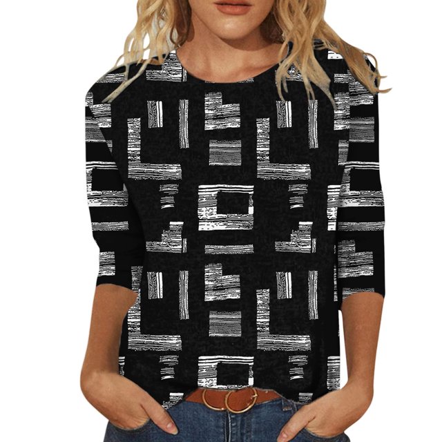 2025 Femmes Décontracté Imprimé O Manches Courtes Vestes de Sarrau Col Manches Trois Quarts Femmes Col Roulé Manches Longues Hauts T-Shirt