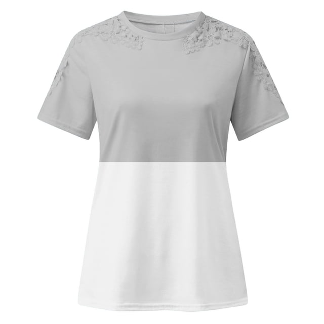 TopLLC Women's Short Sleeve Plus Size Tops Crewneck T Shirt Loose Fit Lace Stitching Shirts Solid Hollow Out Ruffle Tunic Tops