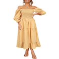 thumbnail image 2 of Femmes Été Robe Bohème Adultes Off-Épaule Smocked Puff Manches Plaid une Seule Pièce, 2 of 7