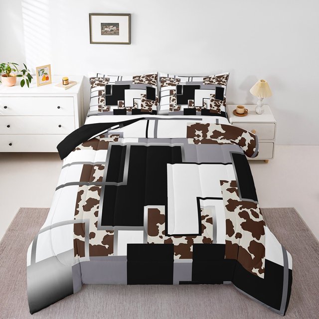 YST Geometric Cowhide Comforter Setfull Abstract Brown Highland Cow Checkered Bedding Set For Kids Boys Adults Silver Grey Stripe Grid Down Comforter,Farm Animal Skin Square Quilt Set