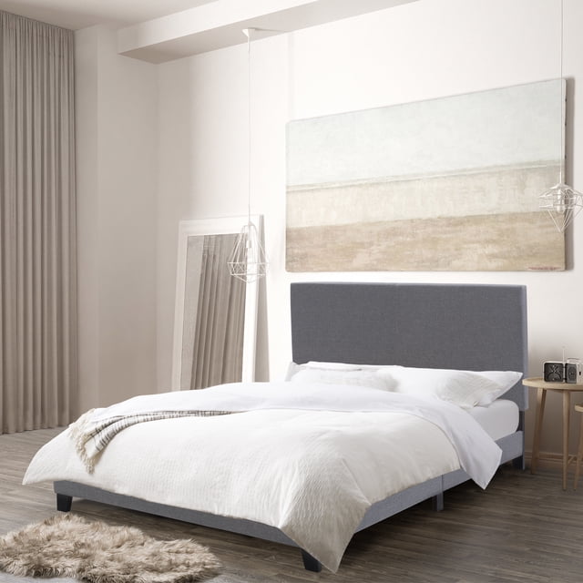 CorLiving Juniper Fabric Upholstered Adult Full/Double Platform Bed Frame with Padded Headboard and Slats, No Box Spring Required, Grey