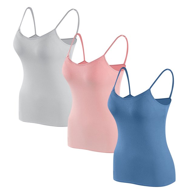 Timegard Camisoles pour Femmes 3 Pcs avec Soutien-Gorge Intégré Col Rond Bretelles Spaghetti Ajustées Douces Maillots de Corps Décontractés Hauts de Pyjama