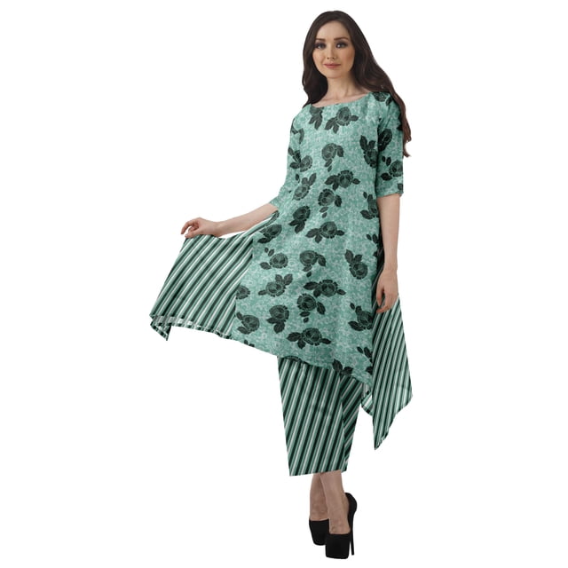 Moomaya Ensemble Kurti Kurta Pantalon pour Femmes Col Bateau Imprimé Robe 2 Pcs Tenue Ethnique