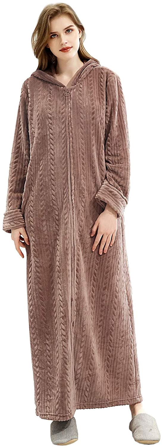 Womens Robe Long Zipper Front Hooded Full Length Housecoat Sleepwear for Ladies