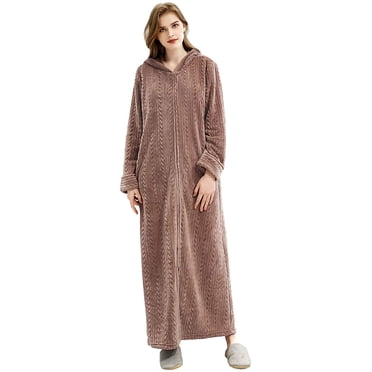 Womens Robe Long Zipper Front Hooded Full Length Housecoat Sleepwear for Ladies