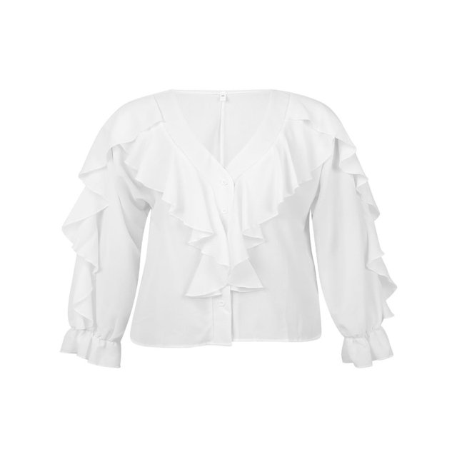 AMERTEER Summer Women Button-down Ruffle Shirt V-neck Long Sleeve Blouse