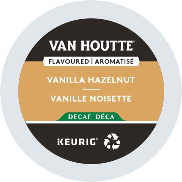 Van Houtte Decaf. Vanilla Hazelnut Keurig® K-Cup® Pods, featuring a light roast blend with sweet vanilla and nutty hazelnut flavours. Designed for Keurig® coffee makers, this 24-count pack offers a smooth, decaffeinated coffee experience perfect for any time of day.