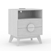 Fluted Night Stand Set of 1/2, Wood Tall Nightstands with Charging Station - USB Ports and Outlets, Nightstand Bedside Table End Table with 2 Drawers & Open Shelf & Feet for Bedroom Sofa Living Room O