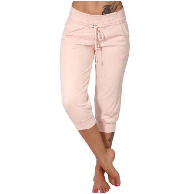 Pantalon Court pour Femmes Pantalon à Jambe Grand Coupe Jambe Femmes Taille Polyester Pantacourts pour Dames Pantacourts d'Été Style C-87 Roses G