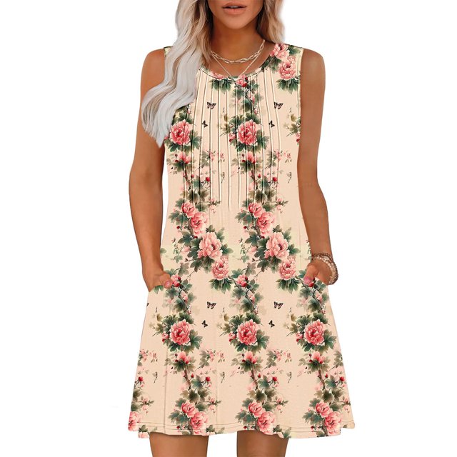 Ovzne Robes pour Femmes Robe de Plage pour Femmes Imprimé Sans Manches Col Rond Aguichant Élégante Boîte de Nuit Fête Tunique Mini Robes Robe Décontractée Vacances Robe d'Été Imprimée Liquidation