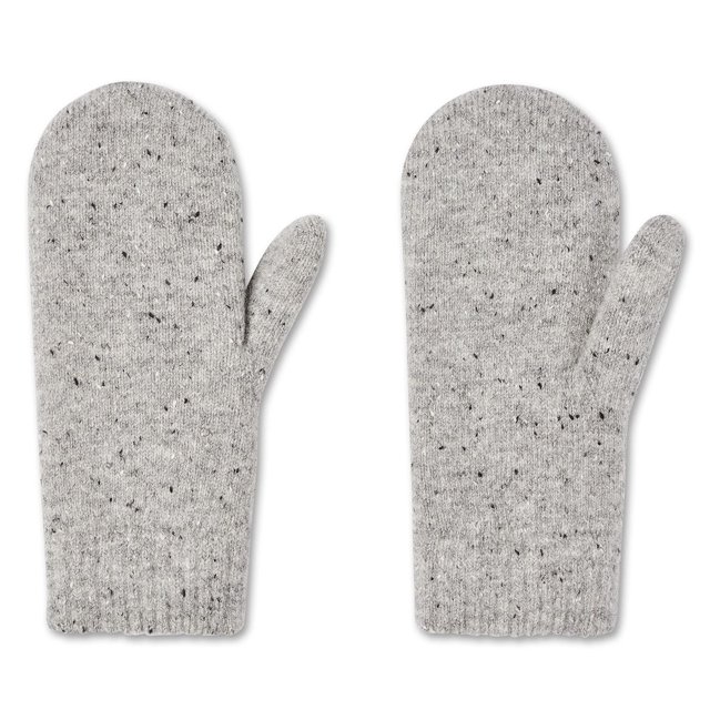 George Women's Knit Mitts in grey, shown flat with a front-facing view, made from a wool blend knit fabric with ribbed cuffs to lock in warmth, ideal for cold weather and often paired with knit toques and scarves for winter comfort.