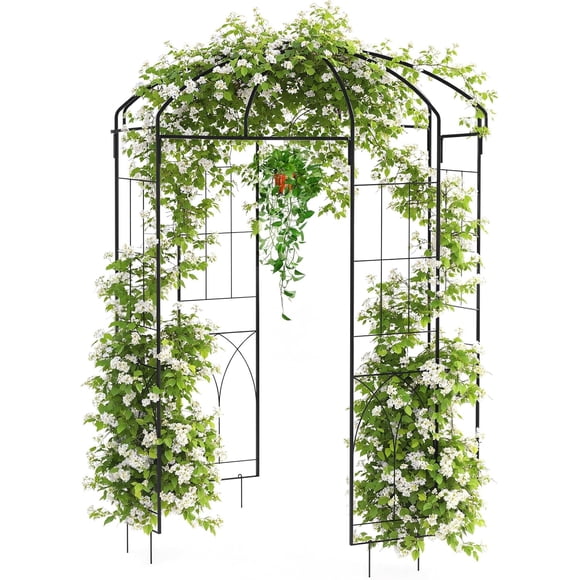 YUSAZENS Black Sandblasted Metal Gazebo Style Climbing Plant Trellis Arbor Heavy Duty Garden Frame for Backyard Vine Flower Cultivation