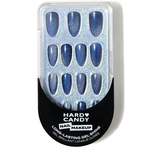 Hard Candy Nail Makeup press-on nails set with 30 reusable deep blue gel shine nails featuring subtle shimmer, in a clear plastic case with holographic silver backing and black label, including cuticle pusher, nail file, prep pad, and glue for easy application and up to 14 days wear.