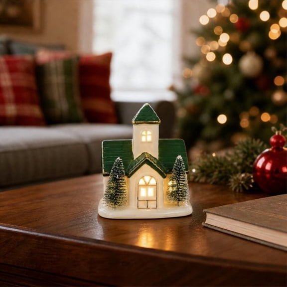 Maison de Village en Céramique, Décoration de Maison Enneigée avec Toit Vert Éclairé de Noël, Mini Figurine de Village d'Hiver avec Lumière DEL Chaude, Ornement de Décoration de Table