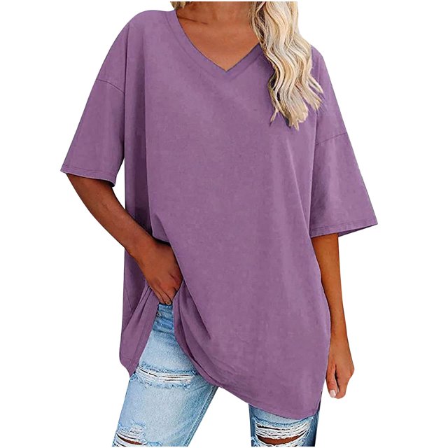 Plebaso T-Shirts Surdimensionnés pour Femmes à Col en V à Manches Mi-Longues T-Shirts Décontractés Unis Confort Hauts Amples pour Femmes