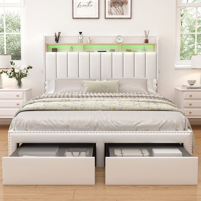 SIBEDS LED Bed Frame with Drawer Pockets and PU Upholstered White Wingback Headboard, Full