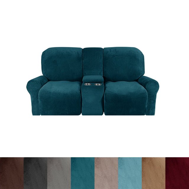 CHOK 2024 Housse de Causeuse Inclinable avec Console Centrale Housse Extensible en Velours pour Fauteuil Inclinable 2 Places avec Porte-Gobelet