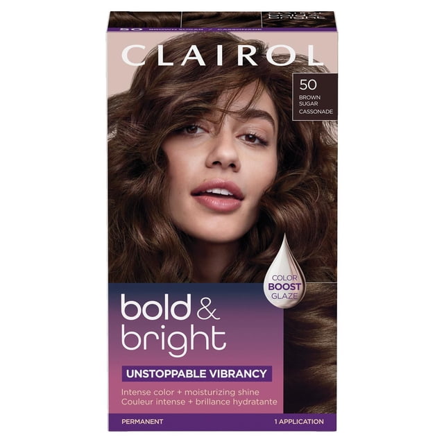 Clairol Bold & Bright Teinture Capillaire Permanente en Cassonade 50, avec Emballage Mettant en Valeur une Couleur intense, une Brillance Hydratante et une Vibrance Imparable Grâce à la Technologie TrueColorSeal et à l'Après-shampoing HydraShine, Idéale pour une Couleur de Cheveux Vibrante et Longue Durée avec un Glaçage color Boost en Option.