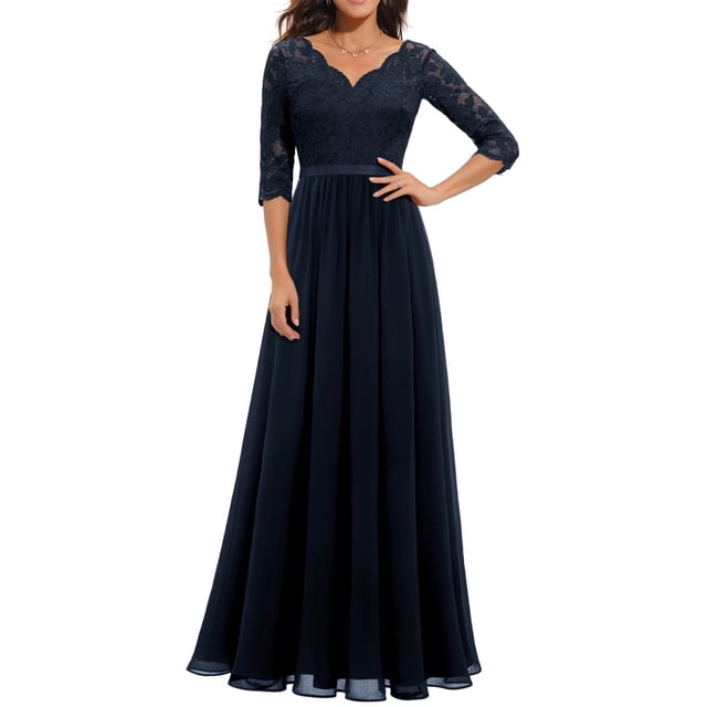 Faithtur Nouvelle Mode Femmes Longue Robe Couleur Unie Patchwork Dentelle V-Cou à Manches Mi Dos Sans Fermeture Éclair Robe Féminine