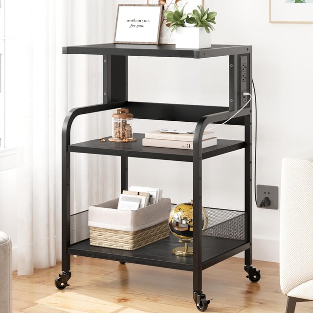 EDTara Chariot d'Imprimante Industriel à 3 Niveaux sur Roulettes, Support d'Imprimante Gris avec Prises de Courant, Chargement USB, Tablette de Rangement Ajustable et Cadre en Métal