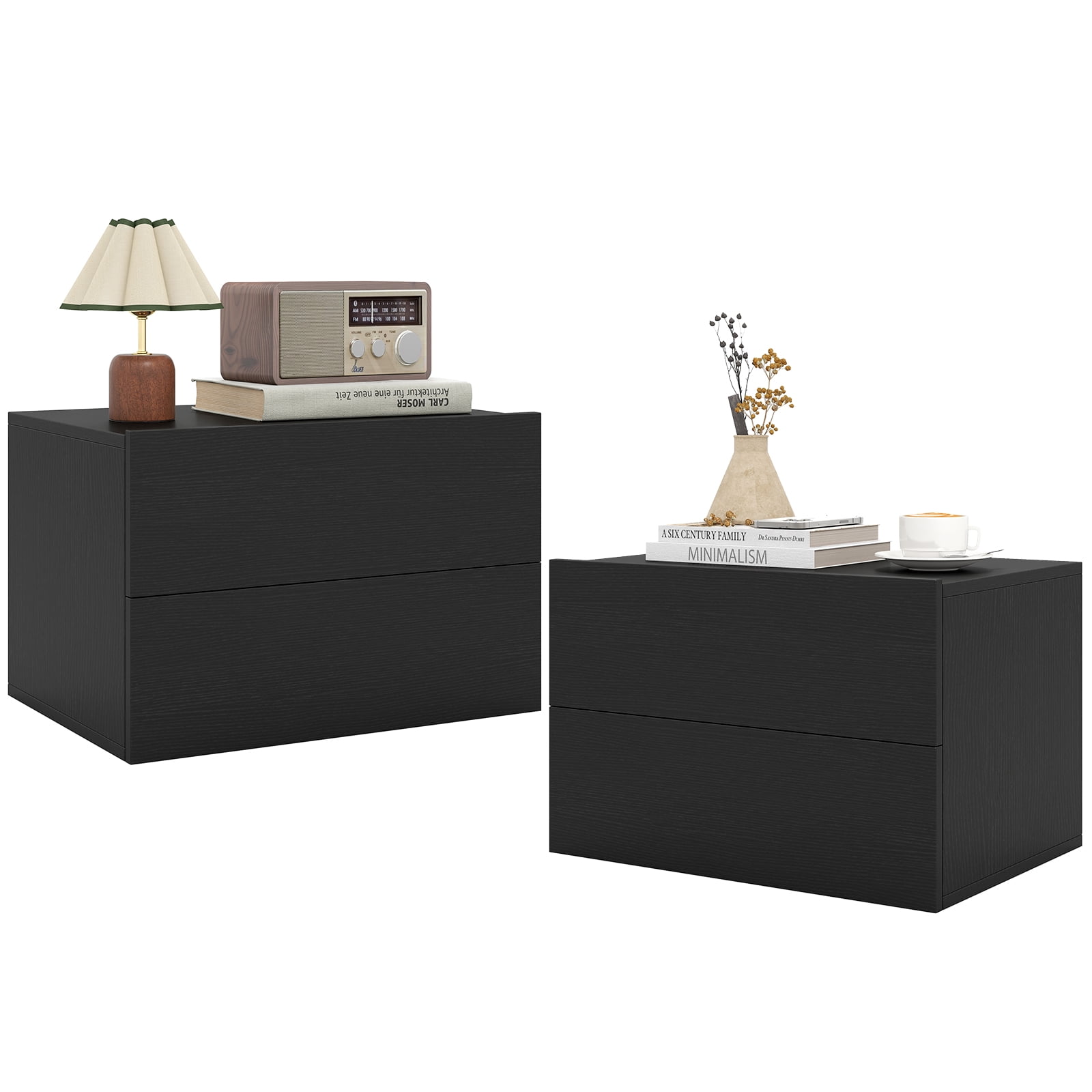 Costway 2 PCS Modern Floating Nightstand, Wall Mounted Bedside Table with 2 Storage Drawers Black