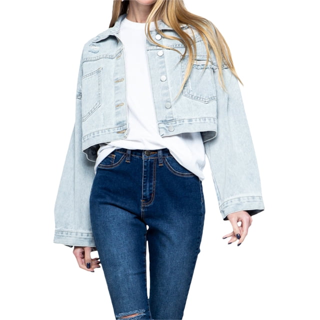Diconna Veste en Jean Courte pour Femmes, Décontractée, Boutonnée, en Denim Déchiré avec Franges en Strass, Manteau d'Automne
