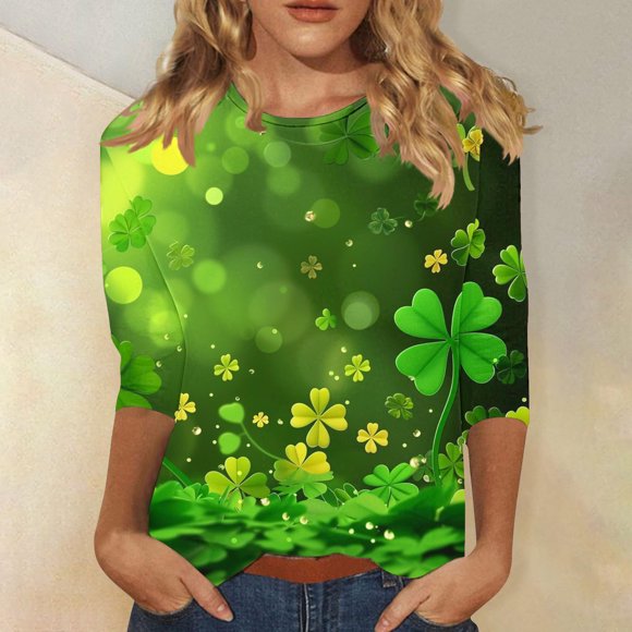 Mceream St Patricks Day Shirt Women 3/4 Sleeve Cute Round Neck Shamrock Shirts Spring Tops casual Saint Patty's Irish Tshirt Summer Tops Green XXL