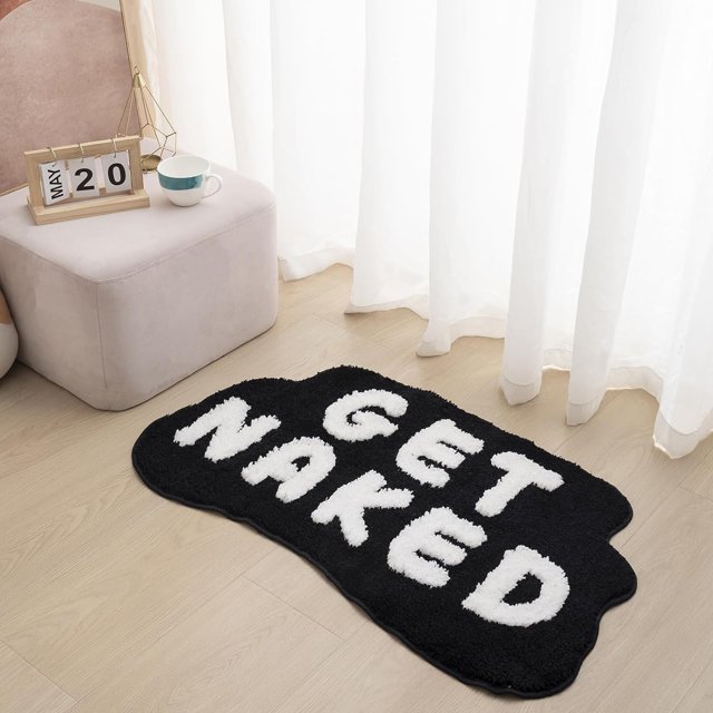 FPYWO Get Naked Bath Mat Black, 33.5x20 Inch Cute Get Naked Bathroom Rugs, Soft Non Slip Bath Rugs Funny Shower Floor Mat