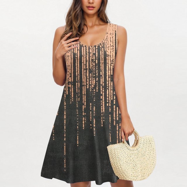 Ovzne Robes d'Été pour Femmes Robe de Plage Robe Tendance Décontractée Imprimée avec Poches Sans Manches Col de Jardin Robe de Printemps Robe Imprimée Liquidation
