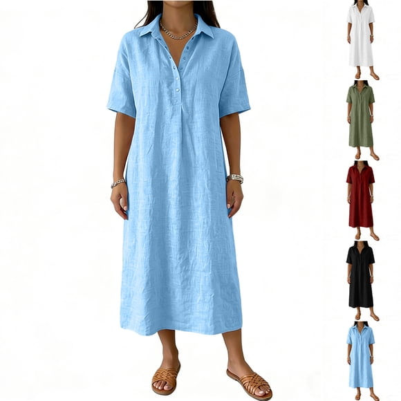 justHIGH Womens Short Sleeve Henley Dresses Summer Button Up V Neck Vacation Dress Casual Cotton Gauze Midi Dress with Pockets Sky Blue,L