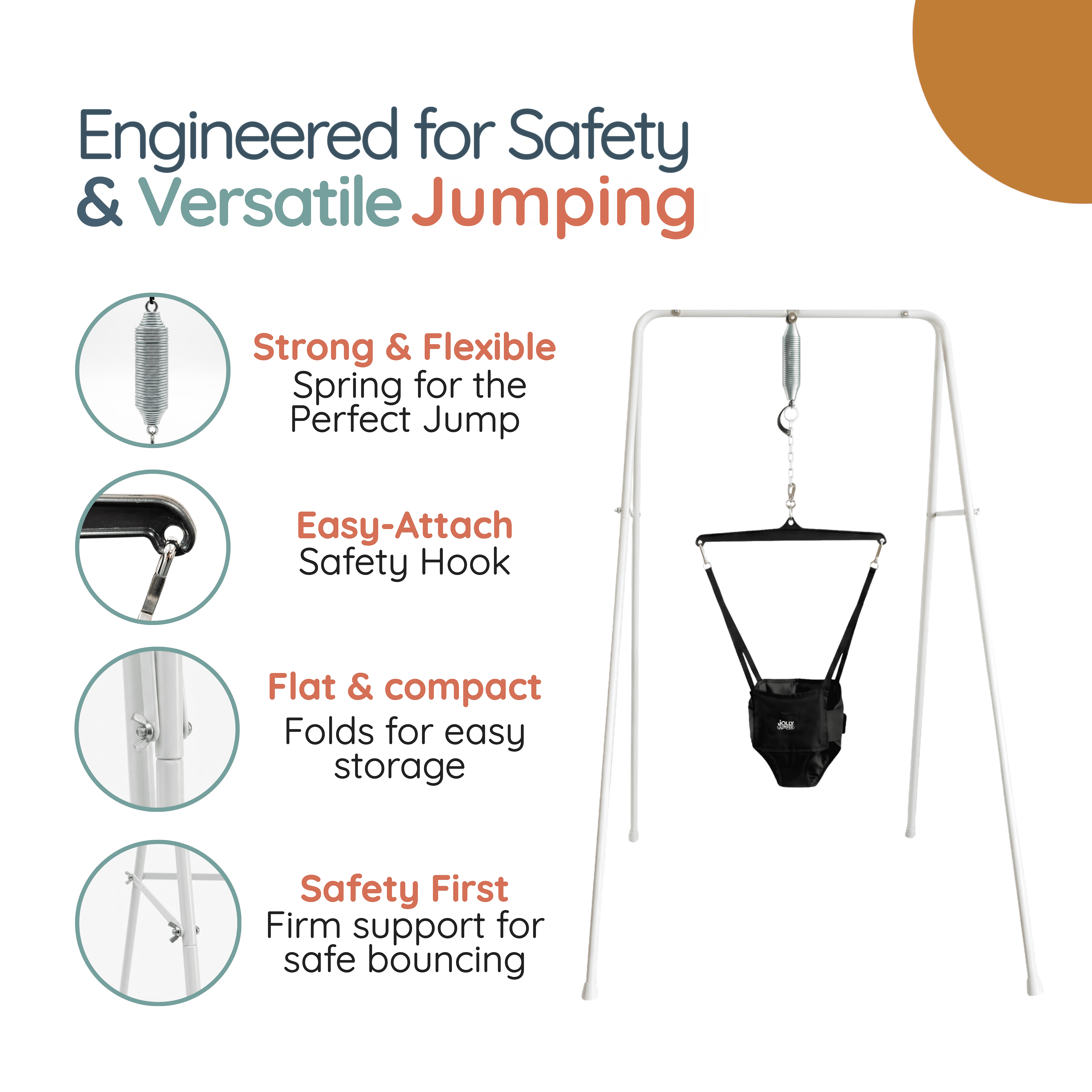 Jolly Jumper Classic with Portable Stand – Black Saddle | Indoor & Outdoor Baby Exerciser | Foldable Frame, Spring Action, Posture Support