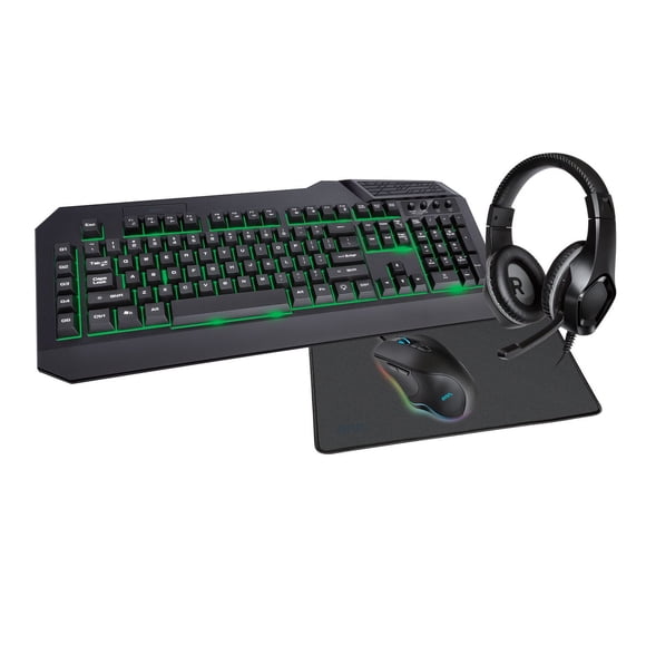 onn. ONA23HO011C Customizable Keyboard 7-Button Mouse Adjustable Headset Anti-Fray Mouse Pad 4-Piece Gaming Starter Kit
