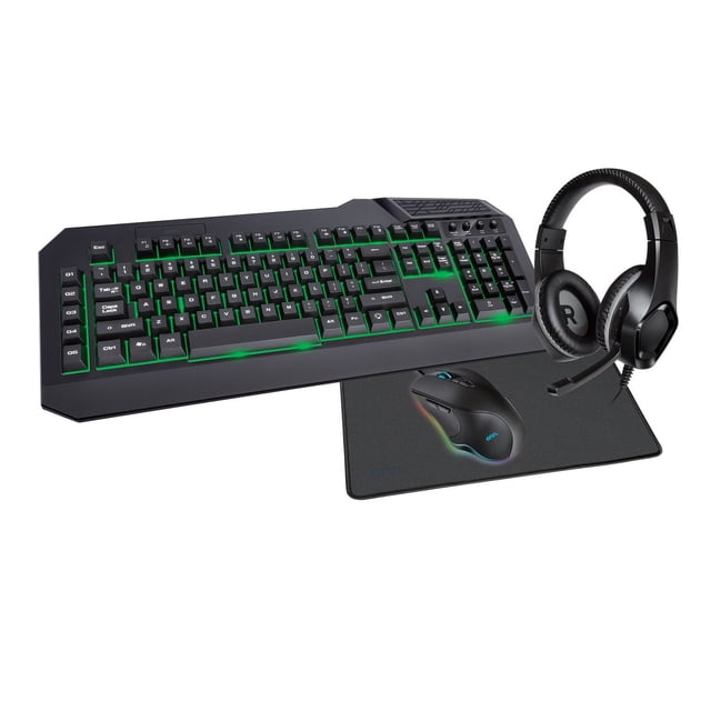 onn. ONA23HO011C Customizable Keyboard 7-Button Mouse Adjustable Headset Anti-Fray Mouse Pad 4-Piece Gaming Starter Kit with black wired keyboard featuring green LED backlighting and five macro G-keys, black ergonomic wired mouse with seven programmable buttons and RGB lighting on a black anti-fray mouse pad, and black wired over-ear headset with adjustable microphone and padded ear cups, ideal for enhanced gaming precision and immersive sound.