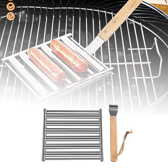 WIFKLSIIPG Rouleau à Hot-Dog en Acier Inoxydable Support pour Rouleaux de Saucisses Rouleau à Hot-Dog pour Gril Rouleau à Hot-Dog en Acier Inoxydable Machine à Hot-Dog BBQ avec Longue Poignée en Bois (Rack) (Blanc)