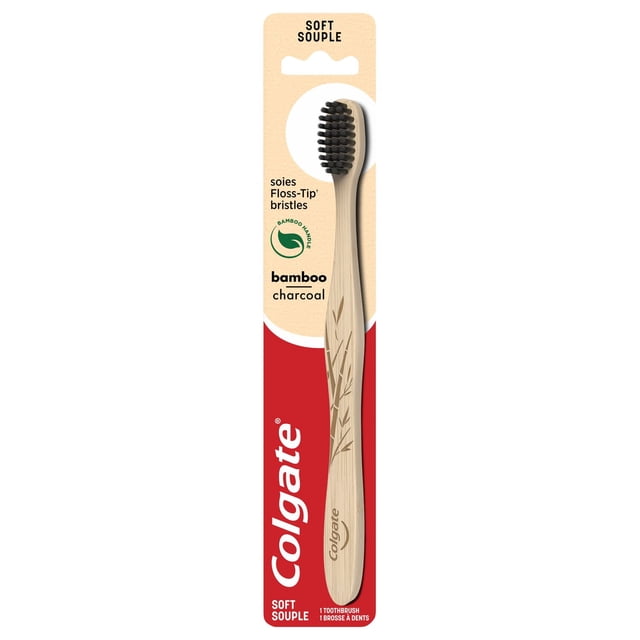 Colgate Brosse à Dents au Charbon de Bambou, Souple, 1 Unité avec un Manche en Bambou 100 % Naturel avec Motif de Bambou Gravé et des Poils à Embout de Soie Dentaire Doux Infusés de Charbon, Emballée sur un Carton recyclable Rouge et beige Écologique.
