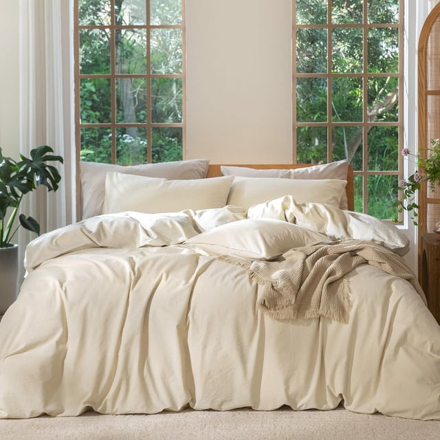 Bedding Duvet Cover Set Washed Cotton Linen Like Textu Breathable Durable Soft Comfy (Tannish Linen Grey Queen)