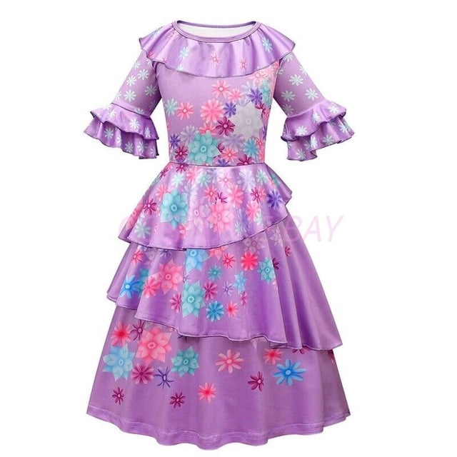 Robe de Princesse Encanto pour Filles Mirabel Isabelle, Couleur Violet Vif avec Volants Superposés et Motifs Floraux Colorés. la Robe Présente des Manches Trois-Quarts avec Poignets à Volants et Encolure Ronde, Parfaite pour la Semaine du Livre, l'Halloween Ou les Événements à Thème Disney. Comprend un Sac Assorti pour un Style Accru.