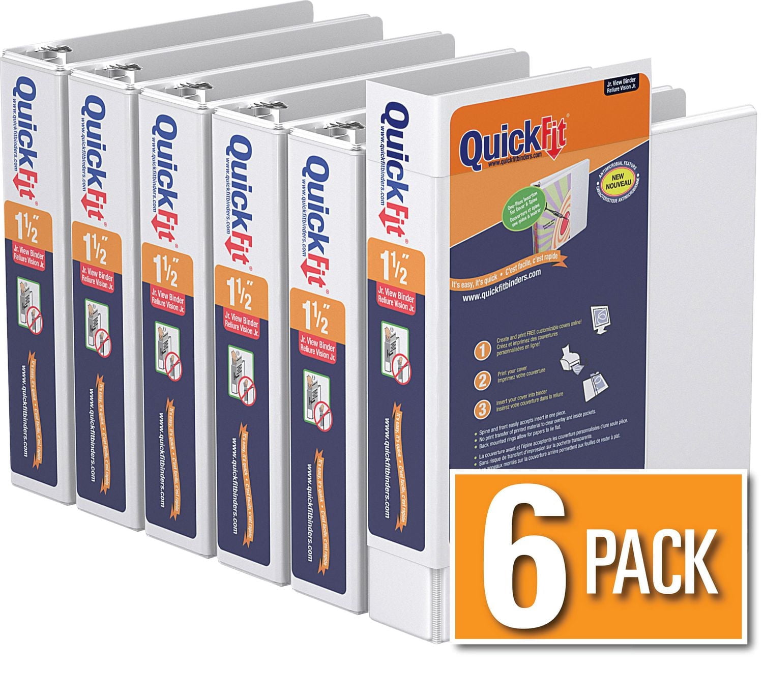 QuickFit 8.5 x 5.5 Hevy Duty View Binder, Round Ring, 6 Pack (1.5", White)