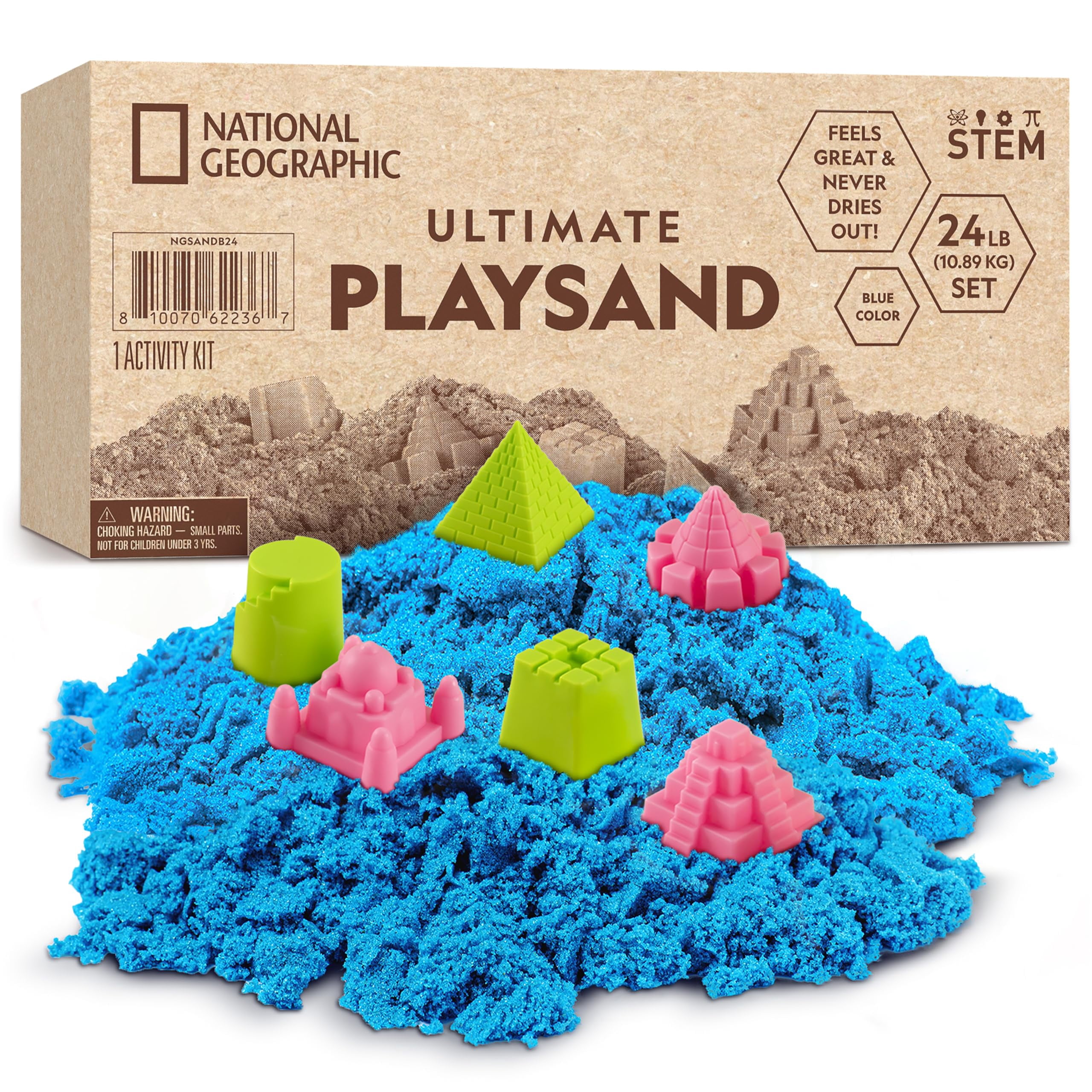 NATIONAL GEOGRAPHIC Play Sand - 24 LB Bulk Sand Kit with 6 Castle Molds (Blue) - A Fun Sensory Activity