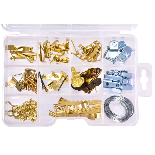 Hardware Essentials Brass Picture Hanging Kit with 136 assorted brass and metal pieces including hooks, nails, sawtooth hangers, wire, and brackets in a clear plastic organizer, ideal for lightweight picture hanging and simple wall mounting.