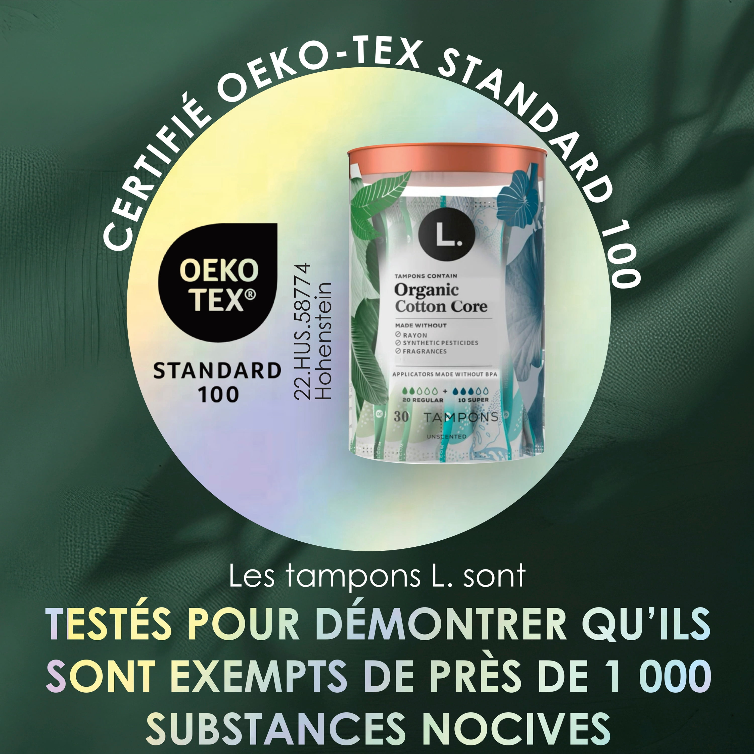Tampons L., fabriqués à partir de coton biologique, degré d’absorption régulier/super, emballage multiple, sans pesticides synthétiques, rayonne ni parfums, 18 U